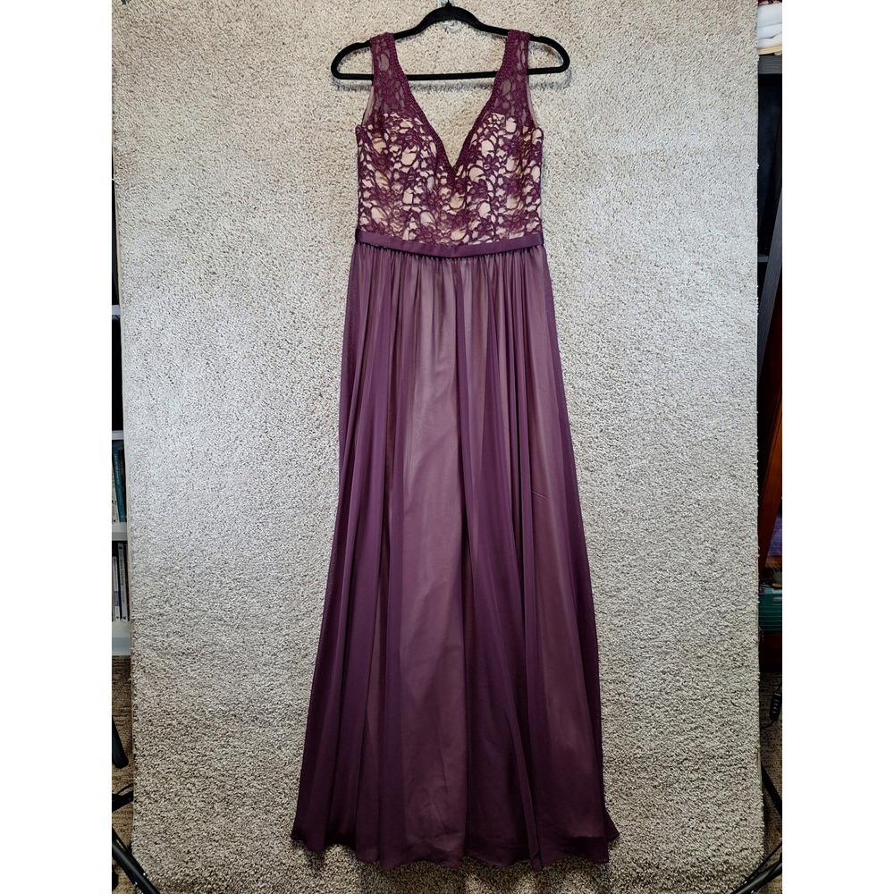 Mori Lee Dress Women 12 Purple Madeline Gardner Lace Bodice Floral Maxi Evening